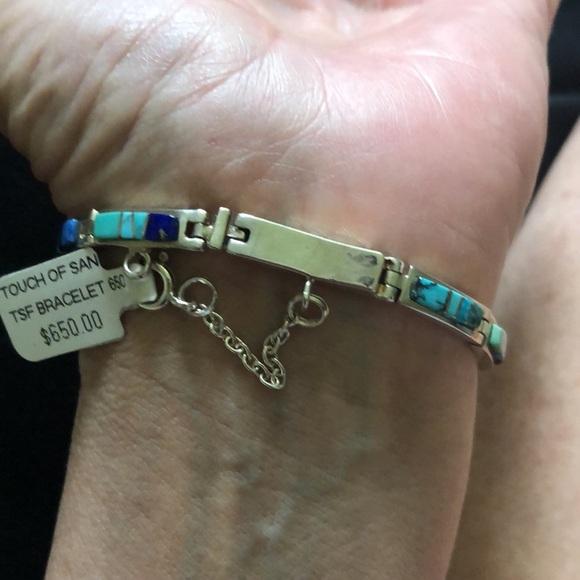 Turquoise, lapis & onyx Signed Sterling Bracelet - Picture 2 of 7